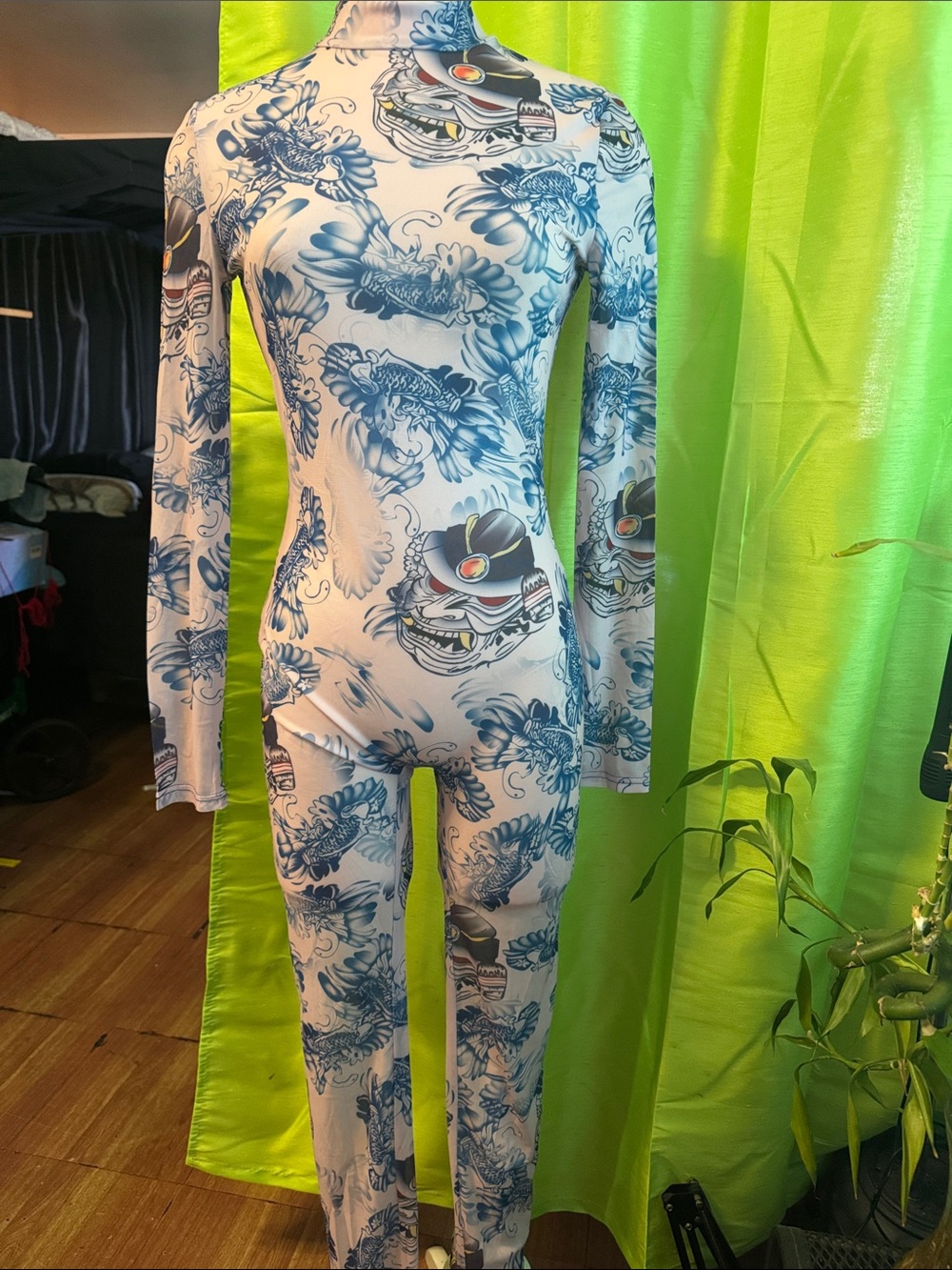 White & Blue Graphic women One-Piece Bodysuit
